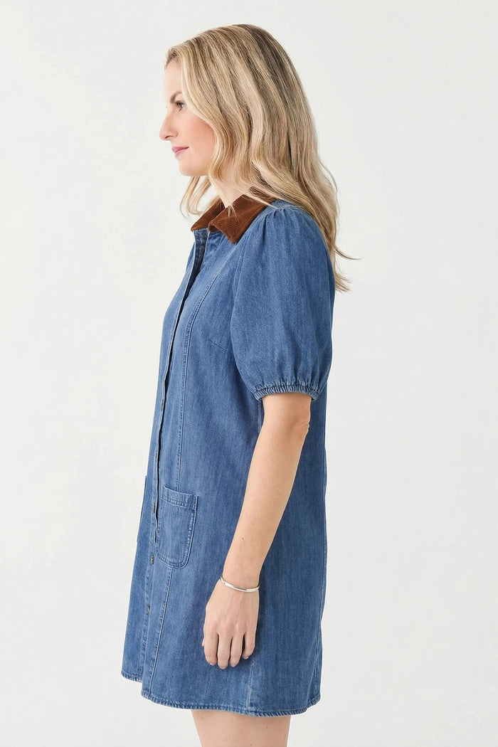 Denim Short Puff Sleeve Collared Mini Dress