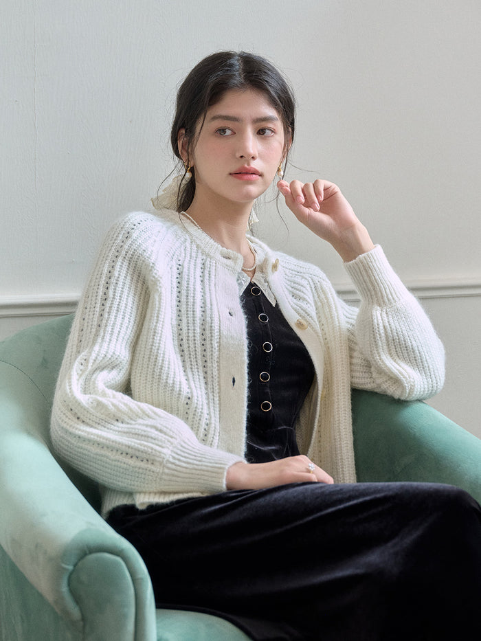 Destiny Round Neck Ribbed Wool Cardigan