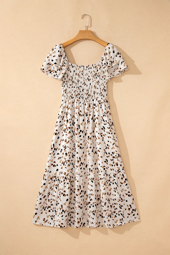 Ditsy Floral Smocked Square Neck Ruffle Sleeve Midi Dress