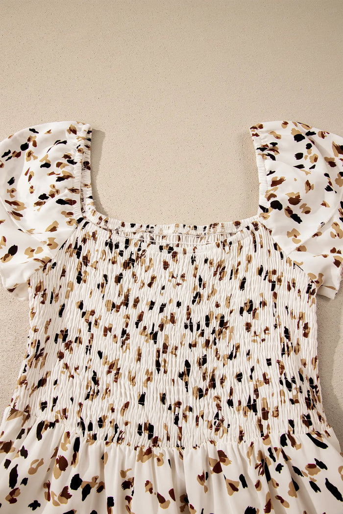 Ditsy Floral Smocked Square Neck Ruffle Sleeve Midi Dress