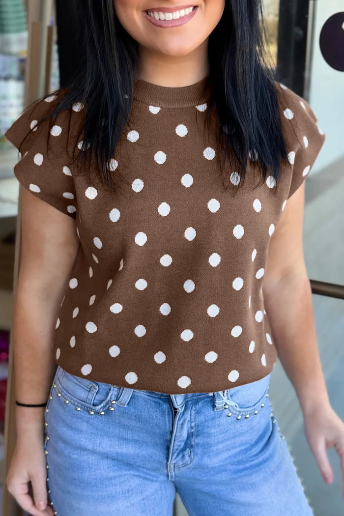 Dolman Short Sleeve Round Neck Polka Dot Sweater – Brown