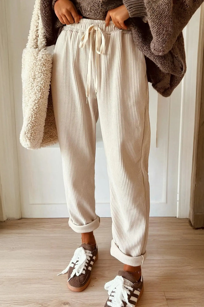 Drawstring Elastic Waist Casual Soft Corduroy Pants - Cream / S - Bottoms/Pants & Culotte