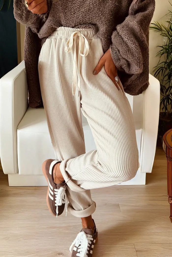 Drawstring Elastic Waist Casual Soft Corduroy Pants - Bottoms/Pants & Culotte