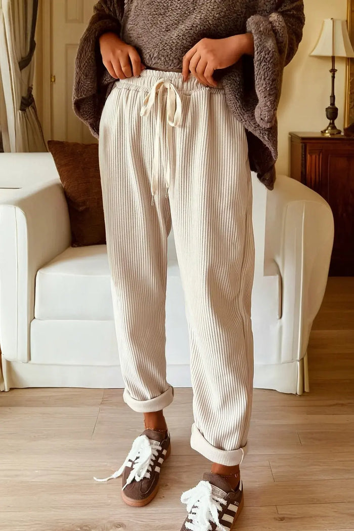 Drawstring Elastic Waist Casual Soft Corduroy Pants - Bottoms/Pants & Culotte