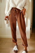 Drawstring Elastic Waist Casual Soft Corduroy Pants - Brown / S - Bottoms/Pants & Culotte