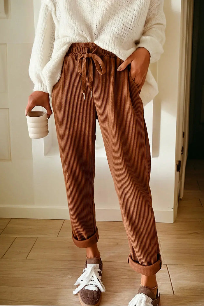 Drawstring Elastic Waist Casual Soft Corduroy Pants - Brown / S - Bottoms/Pants & Culotte