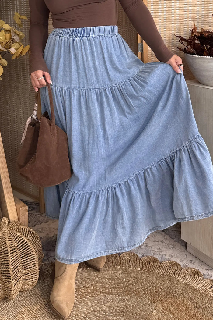Elastic Waist Ruffled Tiered Flared Denim Maxi Skirt