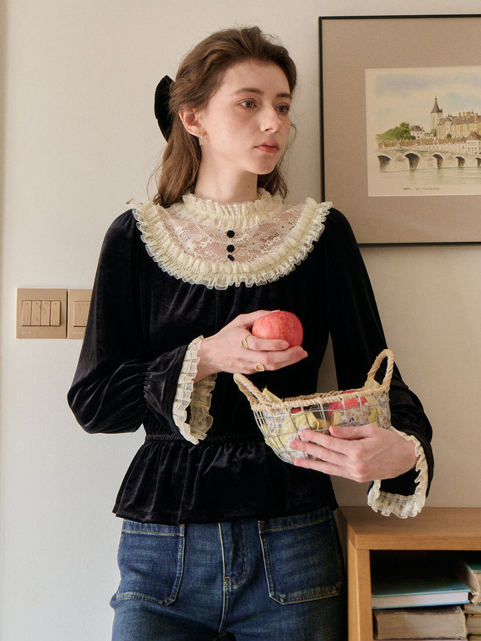 Elodie Lace Collar Velvet Blouse