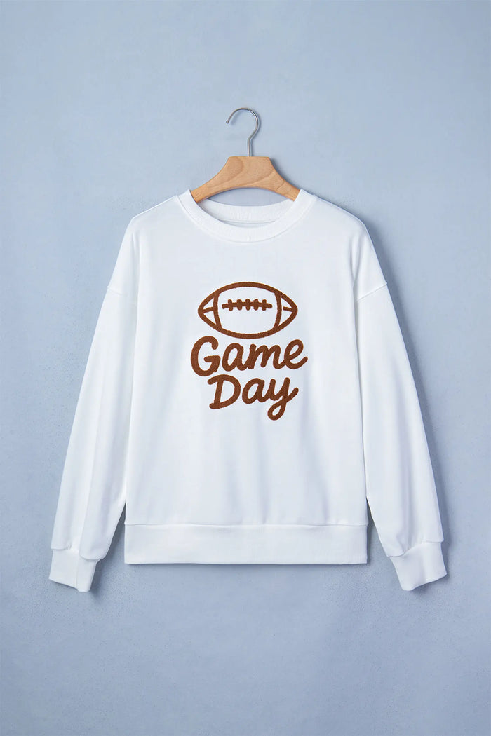 Embroidered Slogan Game Day Rugby Pattern Crewneck Sweatshirt – White