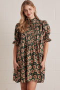 ENTRO Floral Print Ruffle Neck Puff Sleeve Mini Dress In Green Black