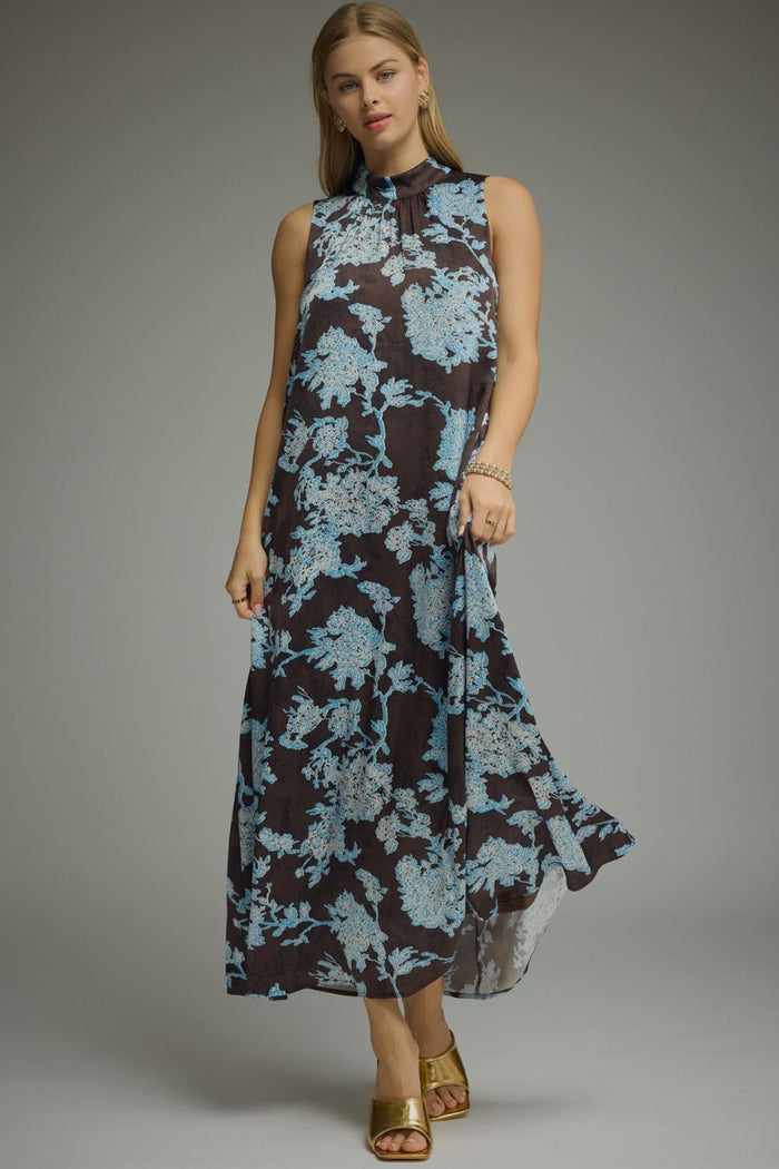 ENTRO Floral Print Sleeveless Maxi Dress In Brown