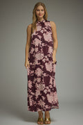 ENTRO Floral Print Sleeveless Maxi Dress In Burgundy