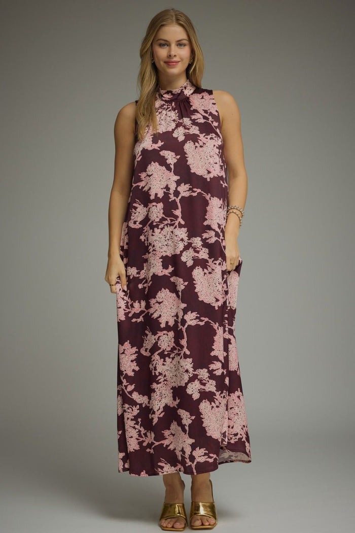 ENTRO Floral Print Sleeveless Maxi Dress In Burgundy