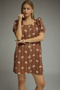ENTRO Floral Print Square Neck Puff Sleeve Mini Dress In Brown