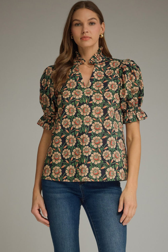 ENTRO Floral Puff Sleeve Top In Green Black