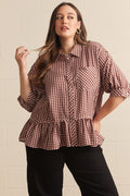 ENTRO Gingham Ruffle Hem Top In Red Bean PLUS Size