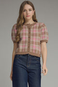 ENTRO Plaid Round Neck Puff Sleeve Button Up In Camel