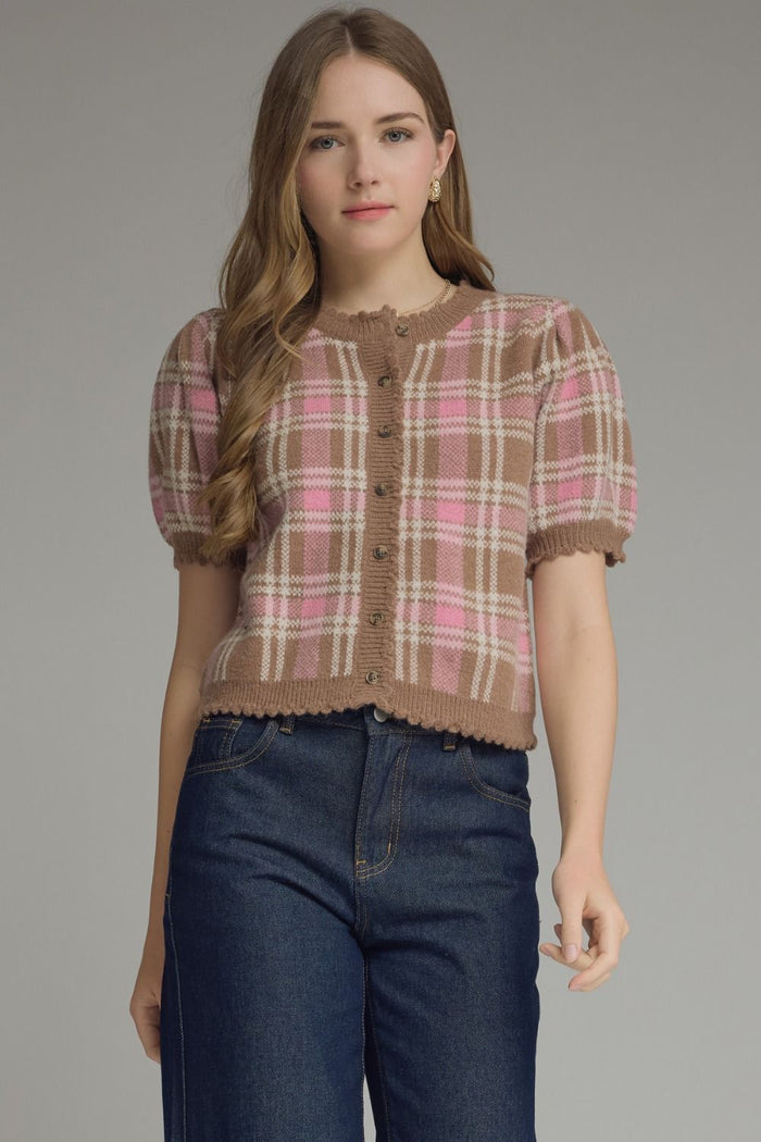 ENTRO Plaid Round Neck Puff Sleeve Button Up In Camel