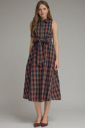 ENTRO Plaid Sleeveless Midi Dress In Navy