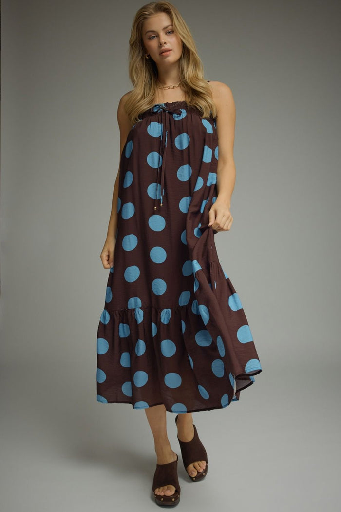 ENTRO Polka Dot Midi Dress In Dark Brown