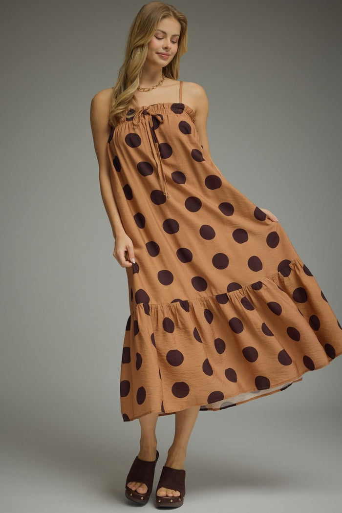 ENTRO Polka Dot Midi Dress In Toast