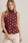 ENTRO Polka Dot Mock Neck Peplum Top In Burgundy