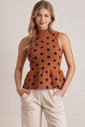 ENTRO Polka Dot Mock Neck Peplum Top In Camel