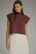 ENTRO Polka Dot Mock Neck Top In Burgundy