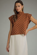 ENTRO Polka Dot Mock Neck Top In Camel