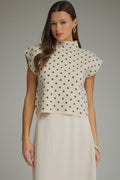 ENTRO Polka Dot Mock Neck Top In Ecru