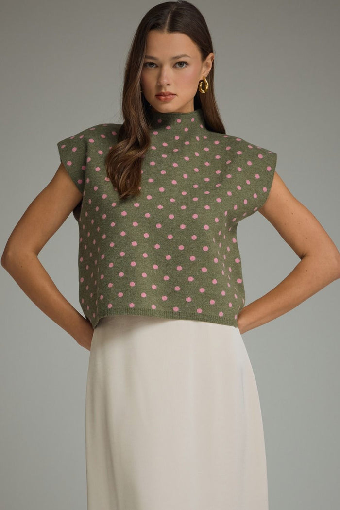 ENTRO Polka Dot Mock Neck Top In Olive