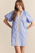 ENTRO Polka Dot Short Puff Sleeve Mini Dress With Contrast Binding In Blue