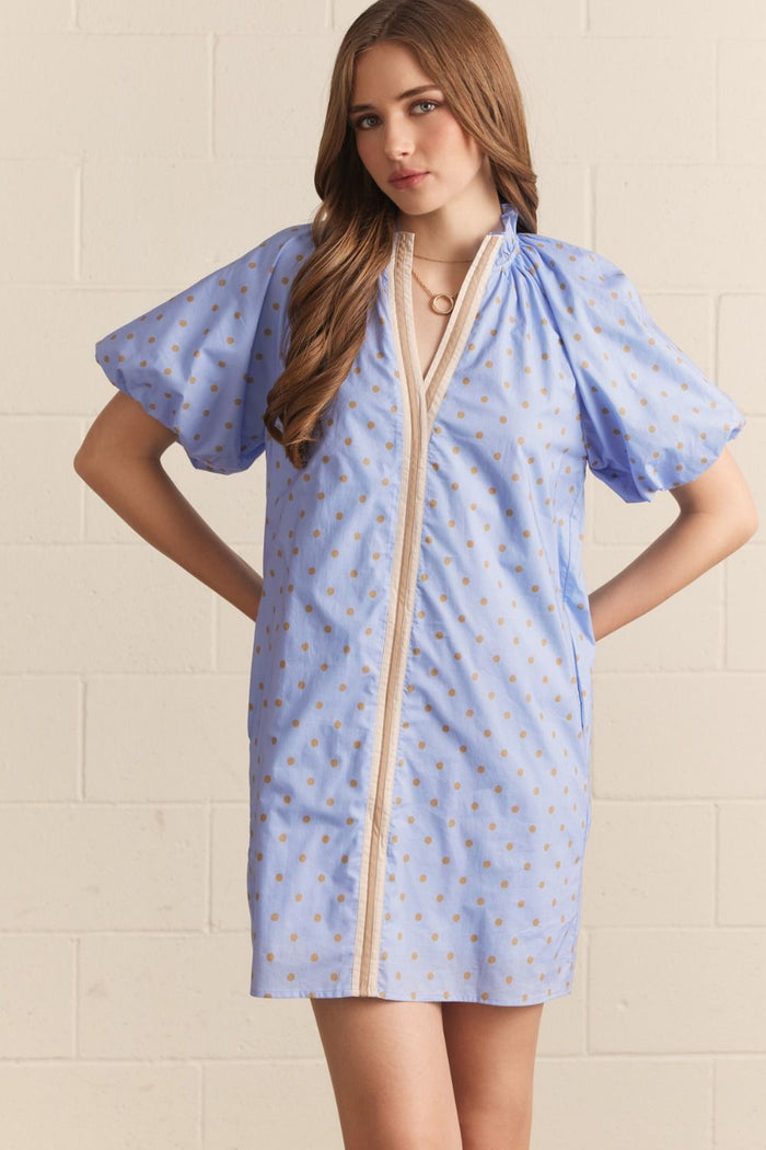 ENTRO Polka Dot Short Puff Sleeve Mini Dress With Contrast Binding In Blue