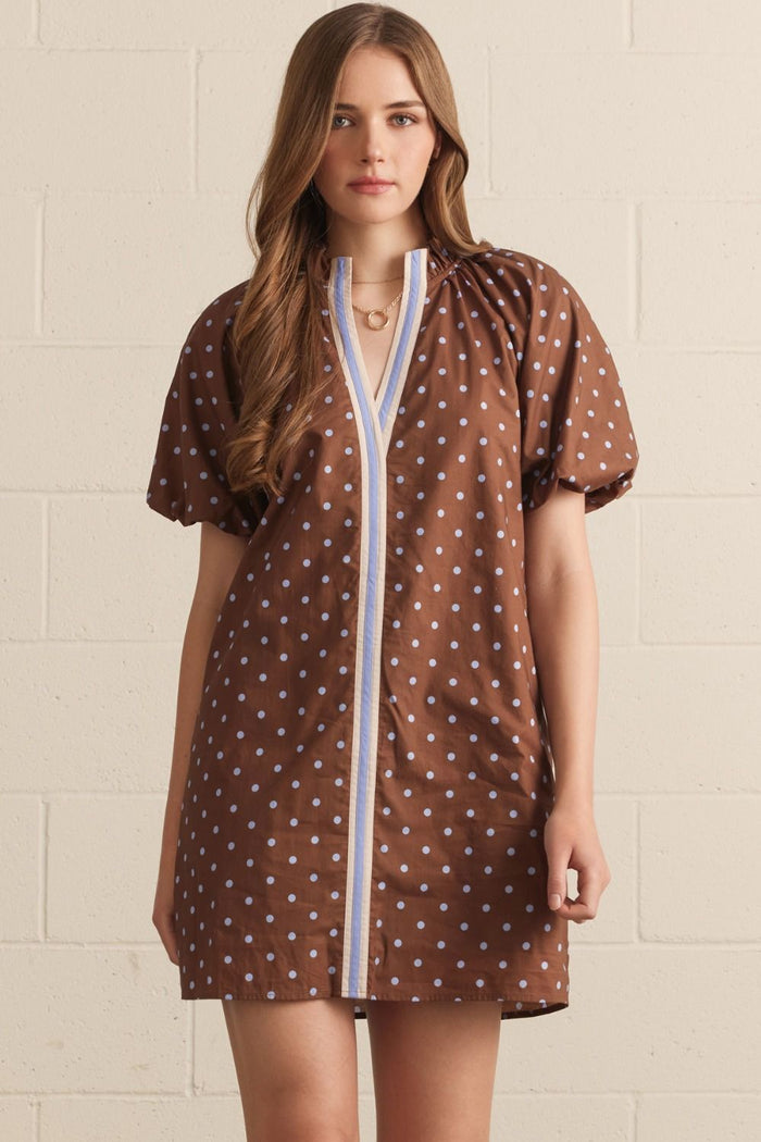 ENTRO Polka Dot Short Puff Sleeve Mini Dress With Contrast Binding In Brown