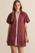 ENTRO Polka Dot Short Puff Sleeve Mini Dress With Contrast Binding In Burgundy