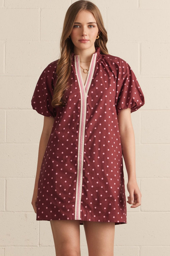 ENTRO Polka Dot Short Puff Sleeve Mini Dress With Contrast Binding In Burgundy