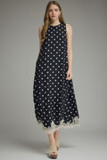 ENTRO Polka Dot Sleeveless Midi Dress With Lace Hem In Black