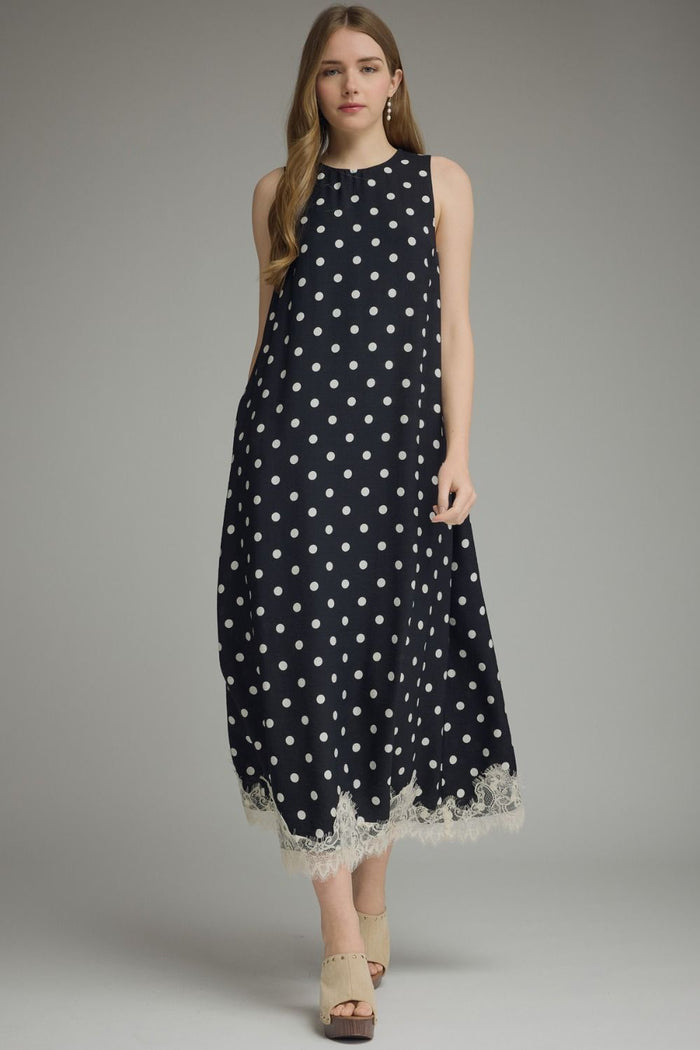 ENTRO Polka Dot Sleeveless Midi Dress With Lace Hem In Black