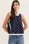 ENTRO Polka Dot Sleeveless Top With Contrast Binding In Navy
