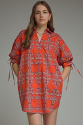 ENTRO Printed Short Sleeve Mini Dress In Red Brick