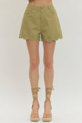 Entro Scalloped Eyelet Hem Shorts In Light Olive*FINAL SALE*