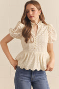 ENTRO Short Puff Sleeve Eyelet Top In Cream