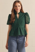 ENTRO Short Puff Sleeve Eyelet Top In Hunter Green