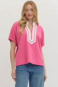 ENTRO Solid Short Sleeve Knit Top With Contrast Trim In Pink *Final Sale*