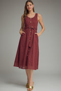 ENTRO Solid Sleeveless Eyelet Midi Dress With Belt In Burgundy *FINAL SALE*