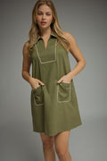 ENTRO Solid Sleeveless Mini Dress With Contrast Piping In Olive