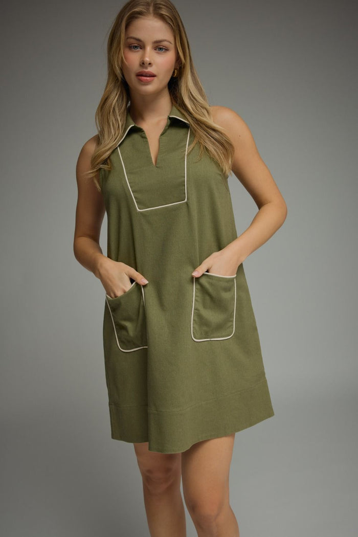ENTRO Solid Sleeveless Mini Dress With Contrast Piping In Olive