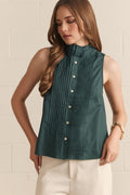 ENTRO Solid Sleeveless Pintuck Pleated Top In Hunter Green