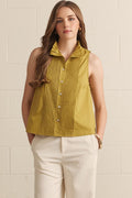 ENTRO Solid Sleeveless Pintuck Pleated Top In Martini Olive