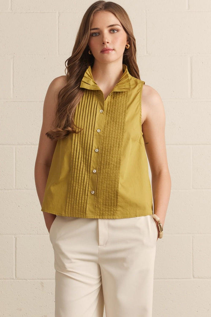 ENTRO Solid Sleeveless Pintuck Pleated Top In Martini Olive